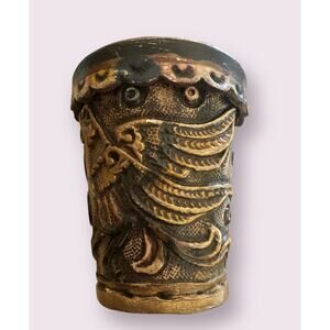 Vintage RARE Hand Tooled Leather Dice Cup W/ Top Lid Beautiful Colorful Carved‎
